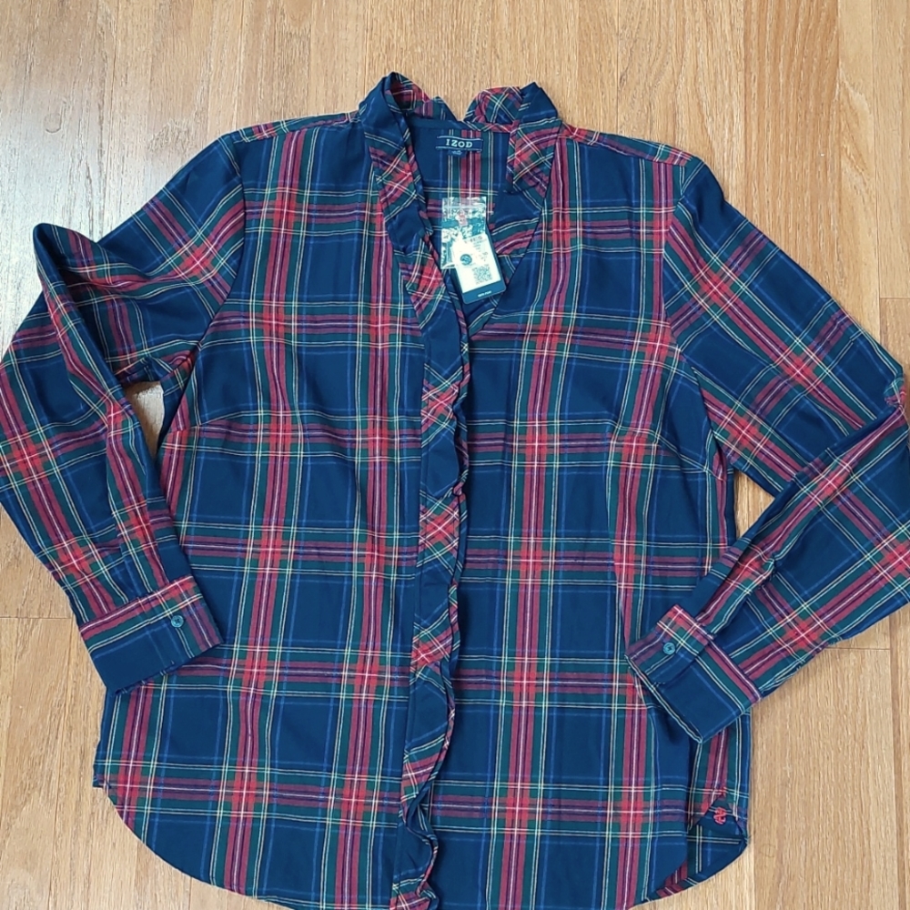 IZOD NWT Womens Large Navy/Red/Green Plaid Button Down Top